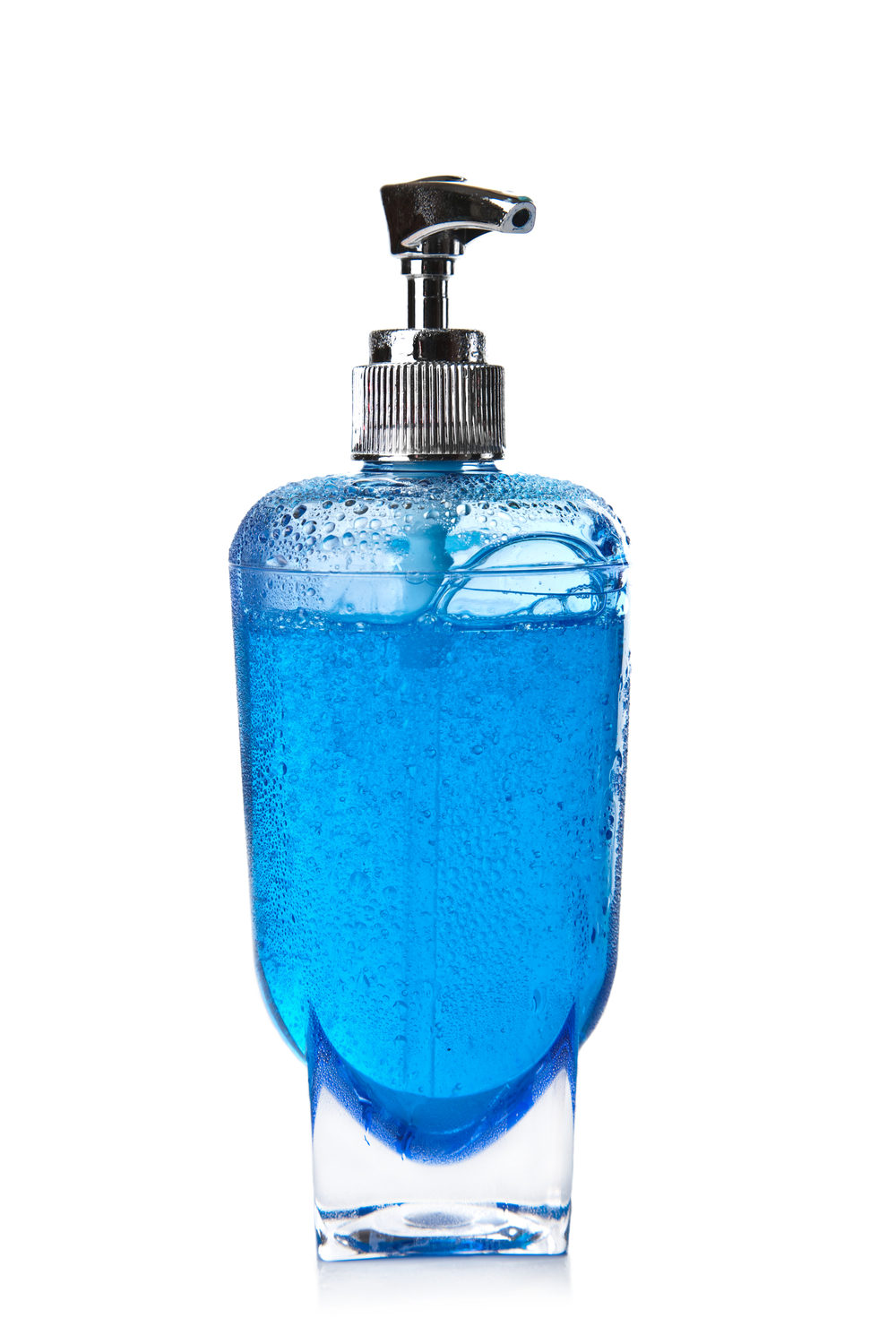 透明瓶中的藍色液體肥皂隔離液體